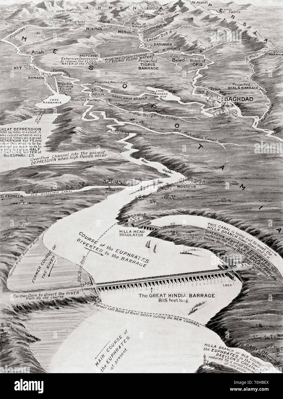 Vista degli uccelli della Mesopotamia che mostra William Willcock proposto schema di irrigazione Eufrate Baghdad Iraq Foto Stock