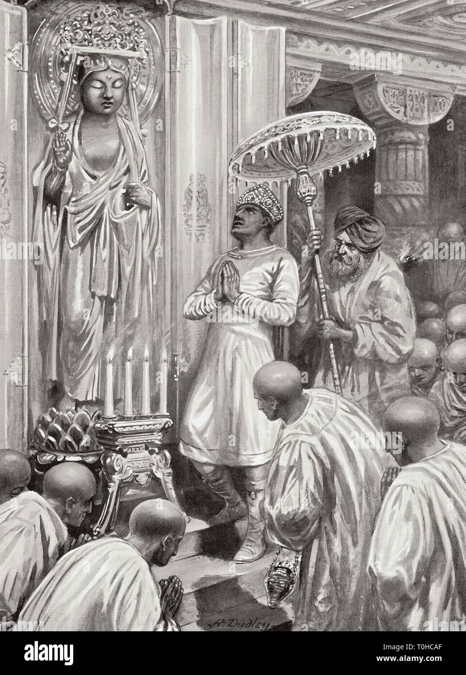 Kanishka inaugura il Buddhismo Mahayana, 100 DC Foto Stock