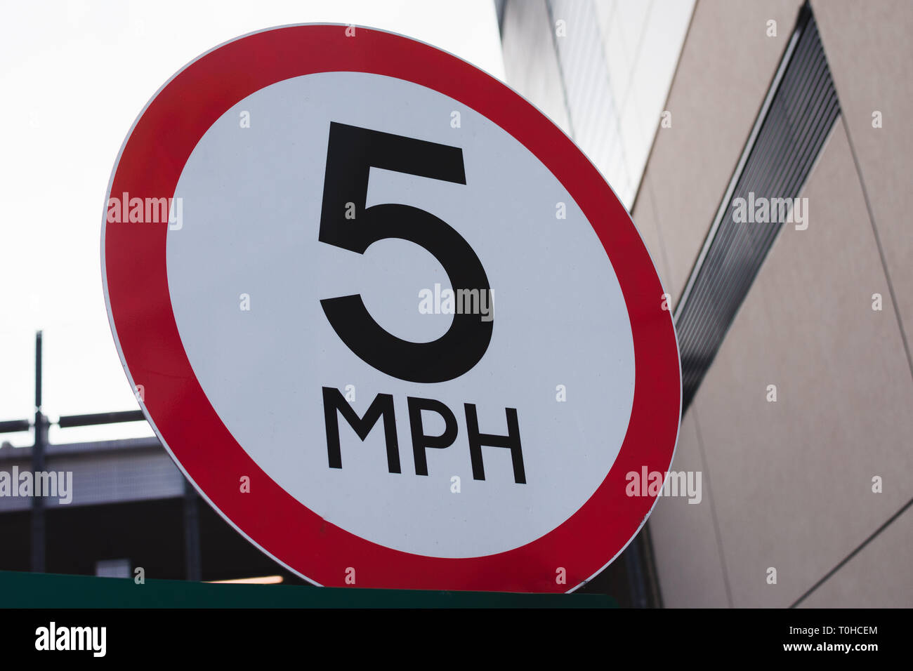La velocità di 5 MPH segno. Cinque miglia per ora segno di traffico. Foto Stock