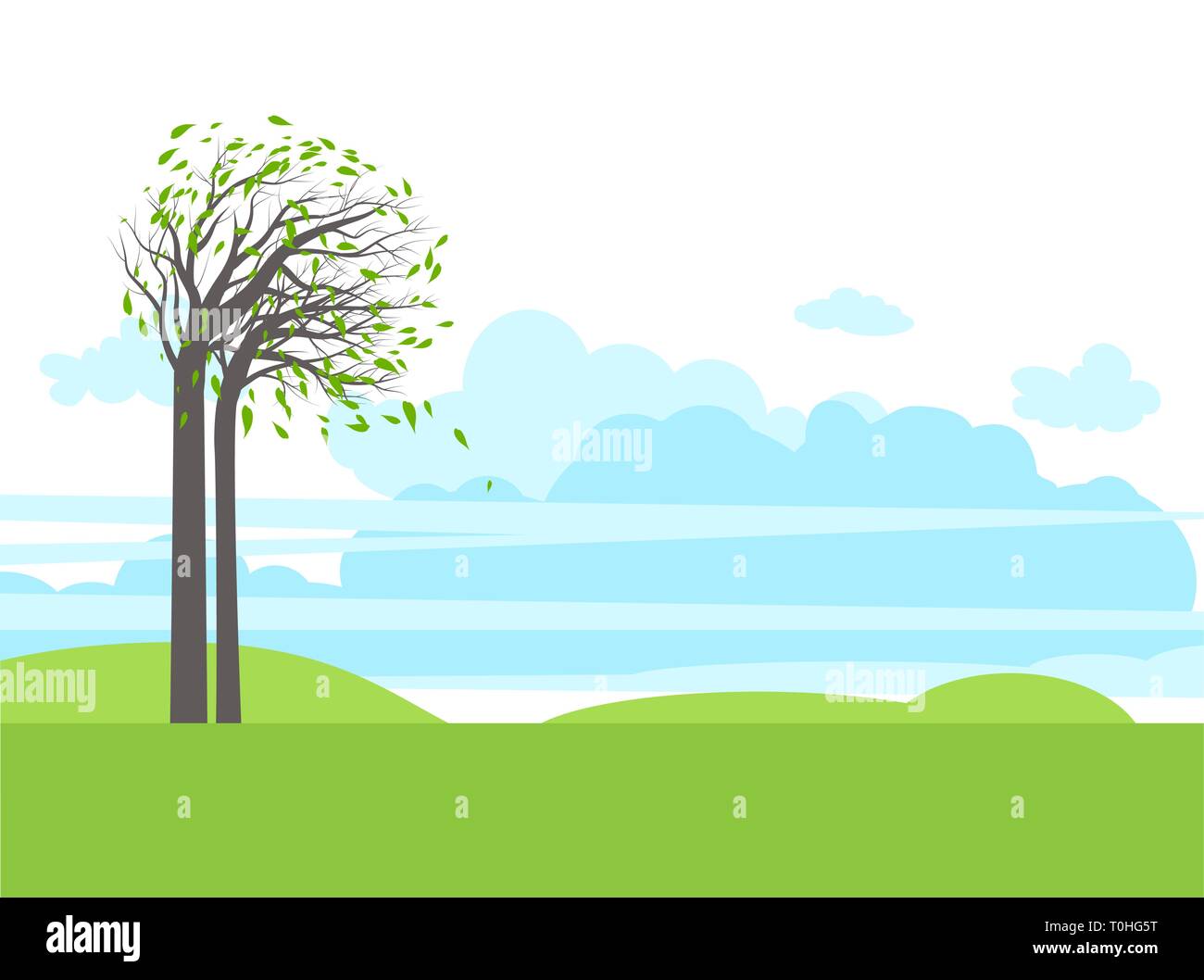 Alberi e cielo piatto paesaggio. Stagione la natura illustrazione. Illustrazione Vettoriale