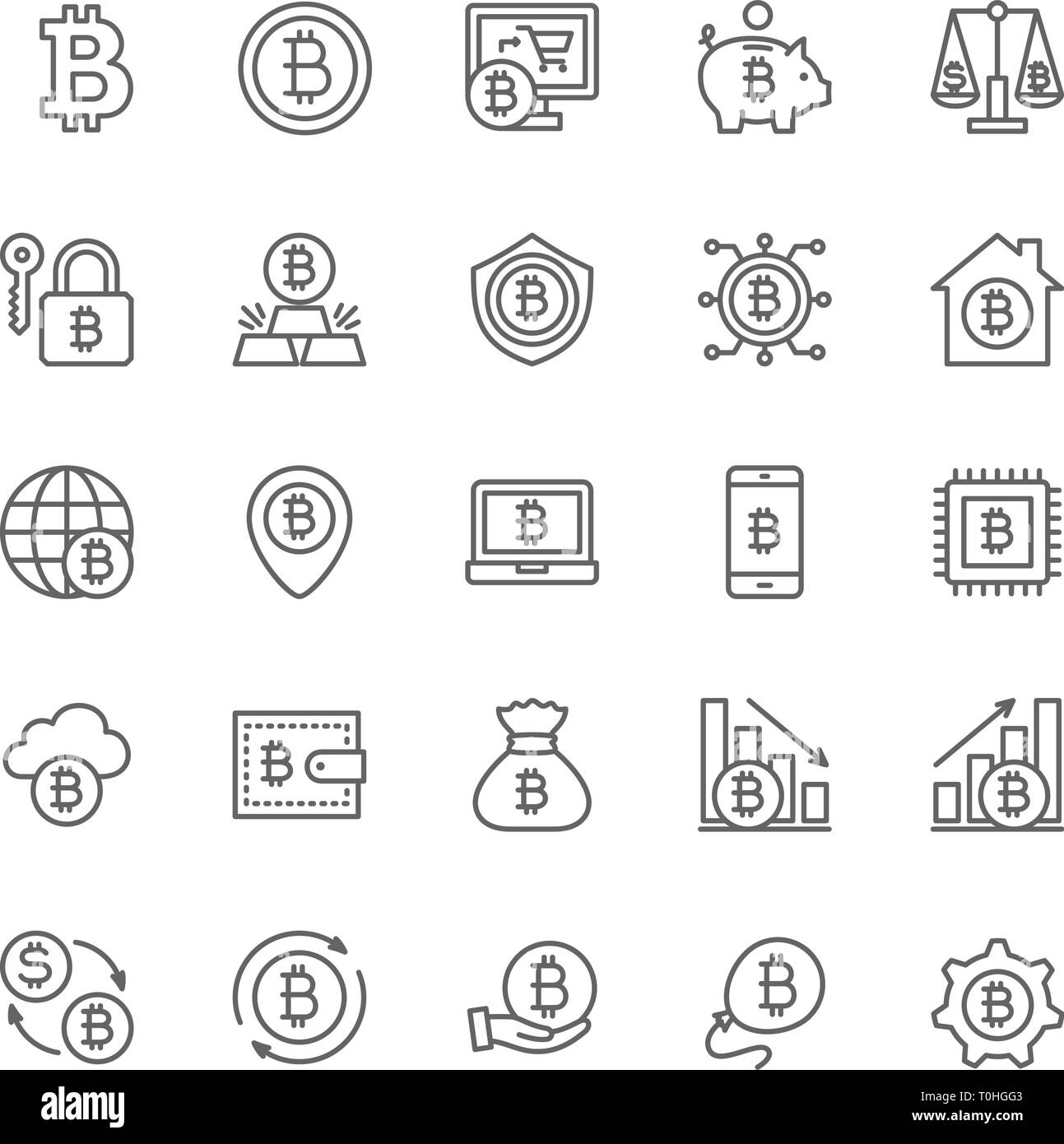 Set di Bitcoin e linea Cryptocurrency icone. Pack di 48x48 Pixel icone Illustrazione Vettoriale