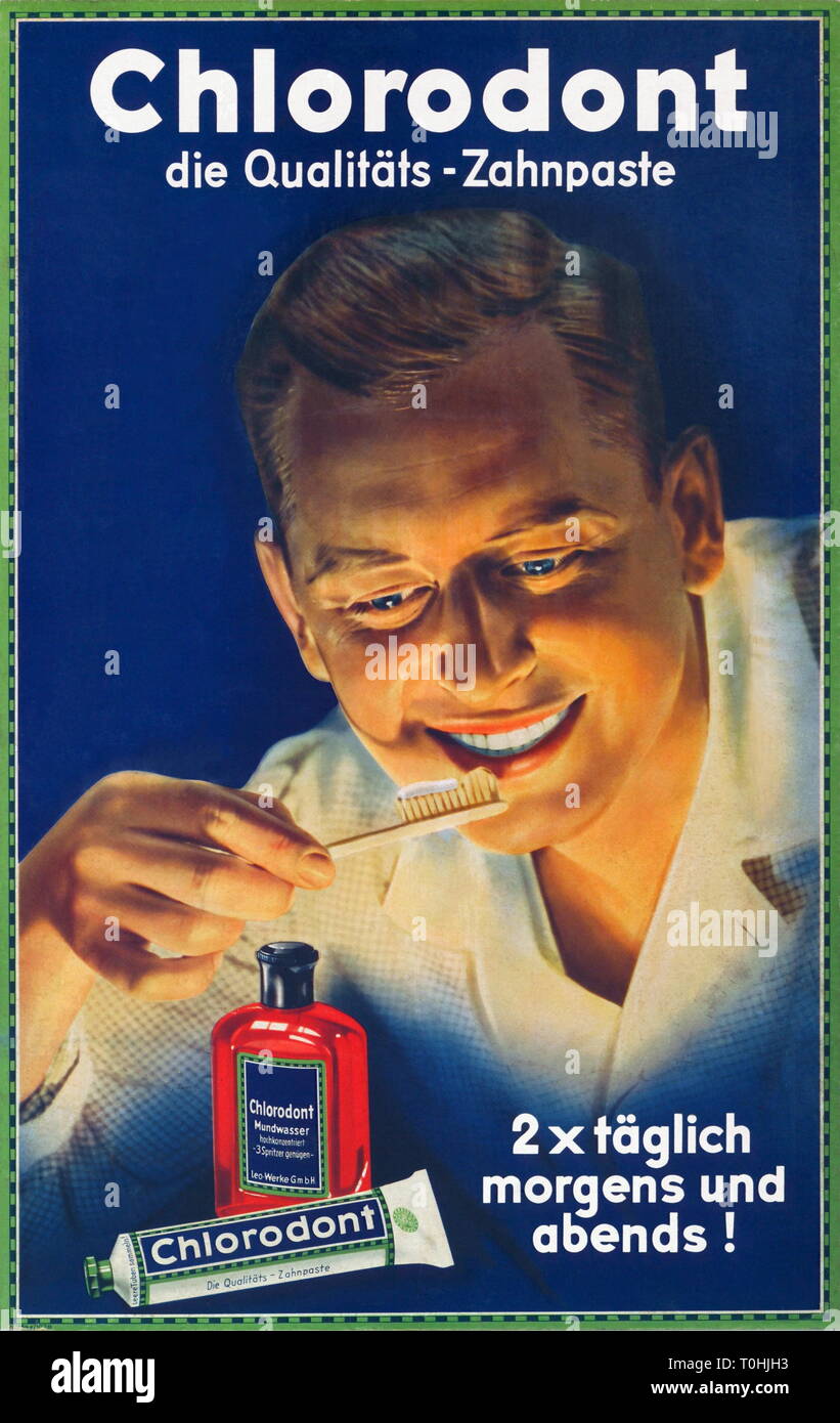 Pubblicità, cosmetici, dentifricio Chlorodont, world-wide primo dentifricio, inventato 1907 dal Dresden speziale Ottomar Heinsius von Mayenburg, realizzata dalla società di Leo, Dresda, Germania, circa 1932, Additional-Rights-Clearance-Info-Not-Available Foto Stock