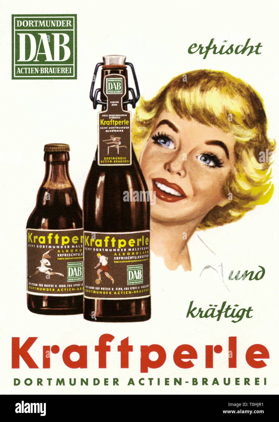 Pubblicità, bevande, birra birra di malto Kraftperle da DAB, Cartolina pubblicitaria della Dortmunder Actien Brauerei, Dortmund, Germania, circa 1958, Additional-Rights-Clearance-Info-Not-Available Foto Stock