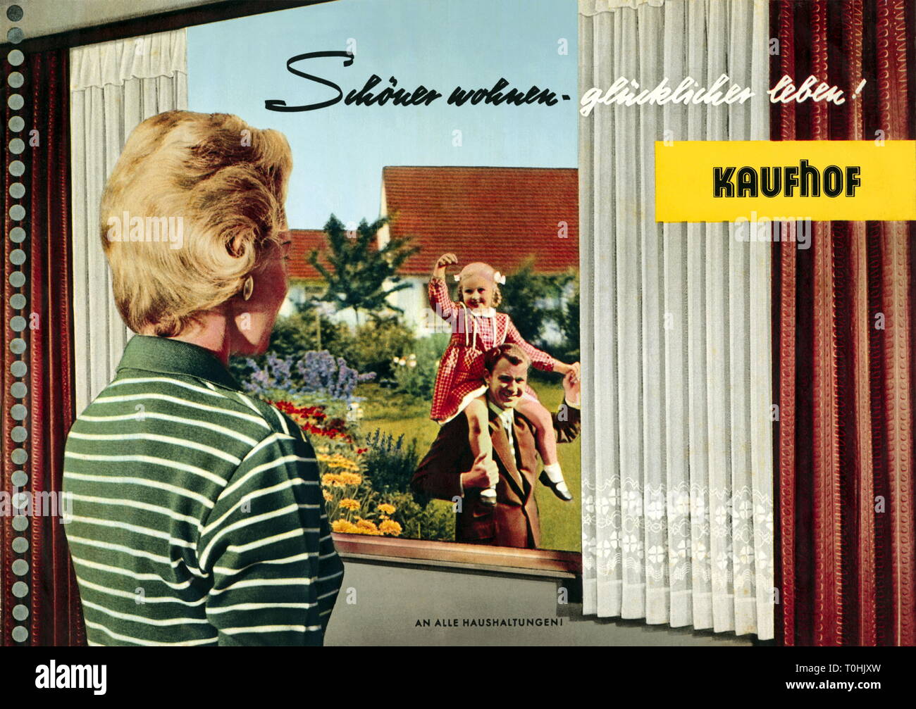 Pubblicità, Kaufhof pubblicità, slogan pubblicitario: 'schoener wohnen, gluecklicher Leben', Germania, 1956, Additional-Rights-Clearance-Info-Not-Available Foto Stock