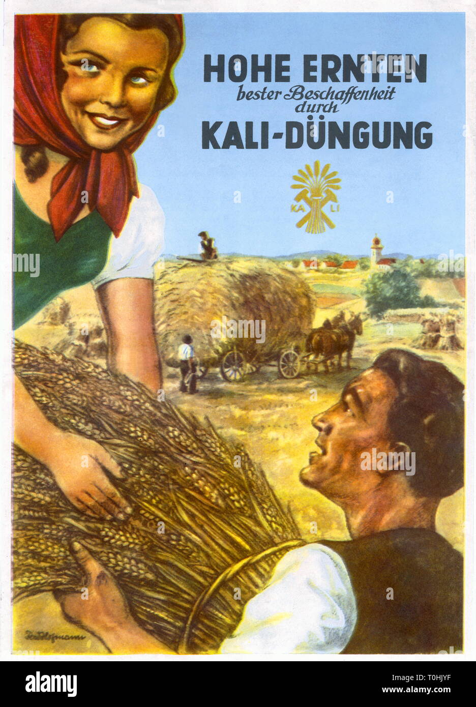 Agricoltura, dissodamento, la pubblicità per i fertilizzanti potassici, poster, slogan pubblicitario: alta raccolto, migliore qualità di fertilizzazione di potassio, Germania, circa 1935, Additional-Rights-Clearance-Info-Not-Available Foto Stock