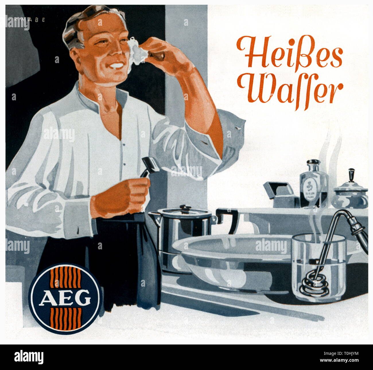 Pubblicità hot-caldaia di acqua da parte della AEG, uomo durante la rasatura, Germania, 1936, Additional-Rights-Clearance-Info-Not-Available Foto Stock
