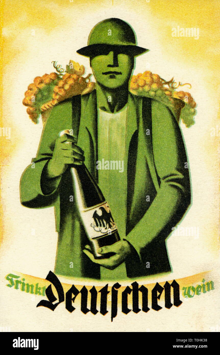 Pubblicità, alcool, vino, 'Trinkt deutschen Wein" (bere vino tedesco), produttore di vino con una bottiglia di vino della campagna pubblicitaria per i prodotti tedeschi, Cartolina pubblicitaria, Germania, circa 1930, Additional-Rights-Clearance-Info-Not-Available Foto Stock