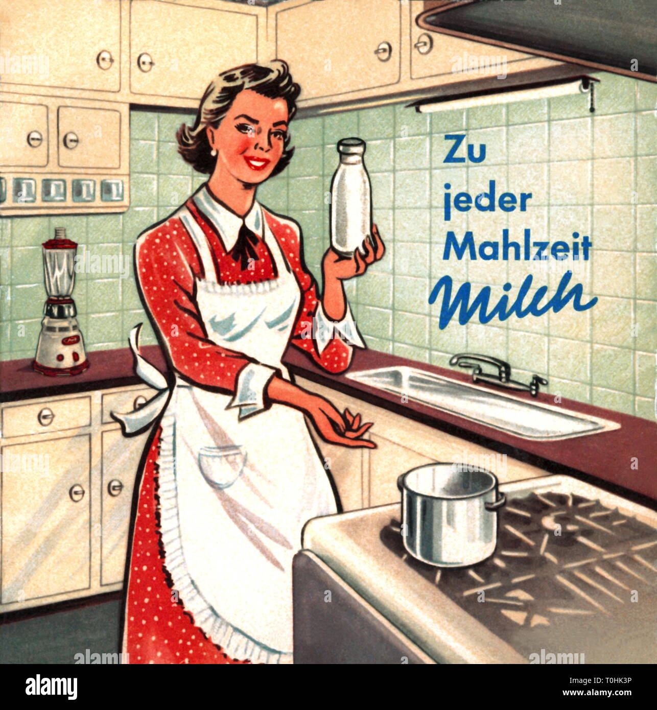 Domestico, cucina, casalinga in stufa, slogan: 'Zu jeder Mahlzeit Milch' (latte per ogni pasto), Germania, 1954 circa, Additional-Rights-Clearance-Info-Not-Available Foto Stock