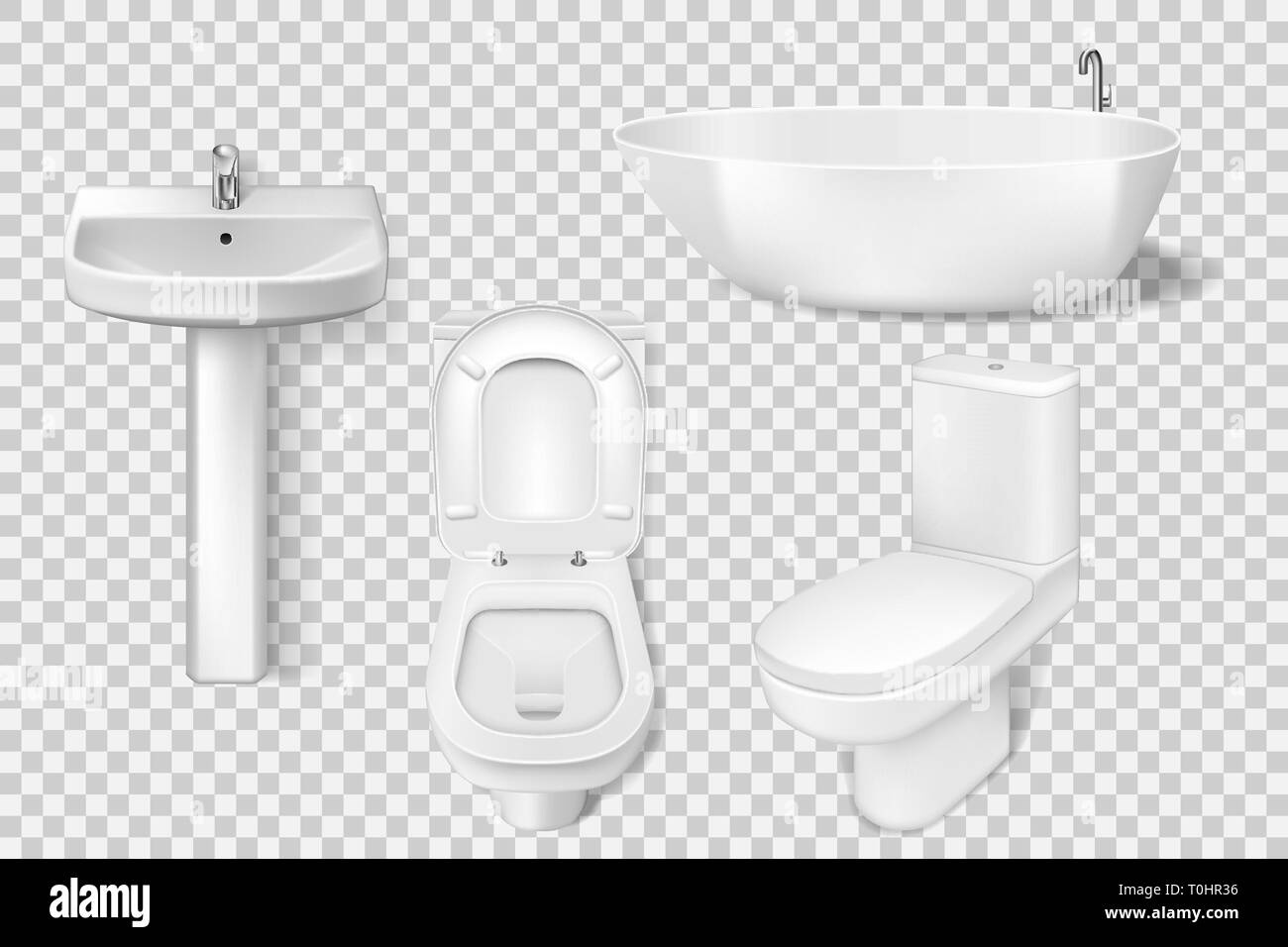 Bagno realistica del modello di raccolta. Pulire bianco wc, ciotola, lavello, lavatoio bacino. Mockup del wc e lavandino per bagno moderno interno. Vettore Illustrazione Vettoriale