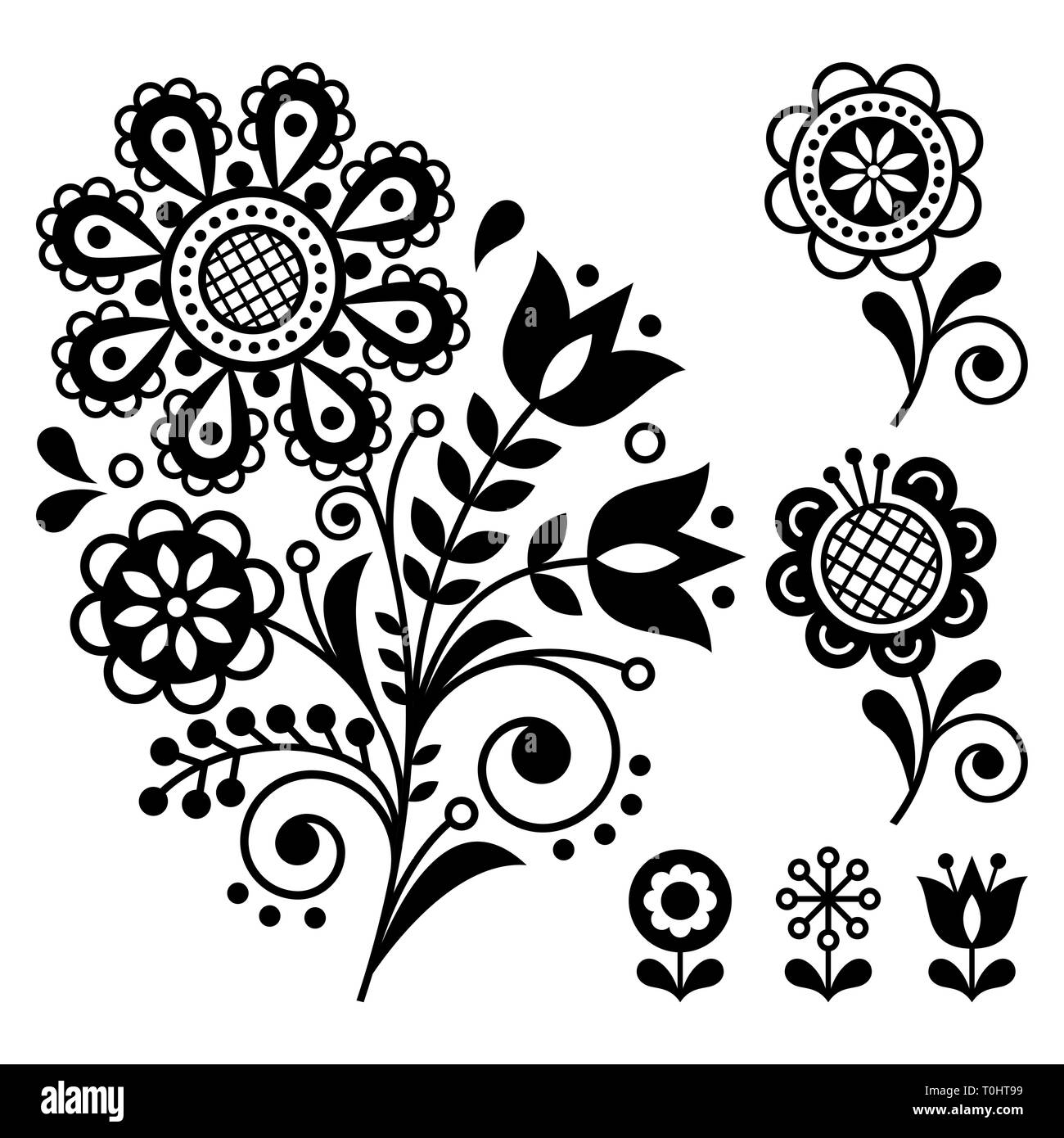 Vettore floreali design, arte popolare ornamento del vettore con fiori, scandinavo schema bianco e nero Illustrazione Vettoriale