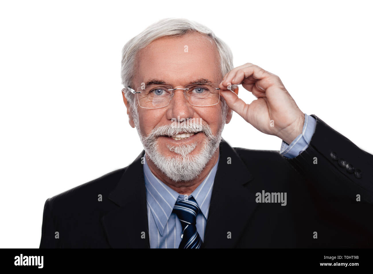 Senior uomo bello con occhiali isolato su bianco Foto Stock