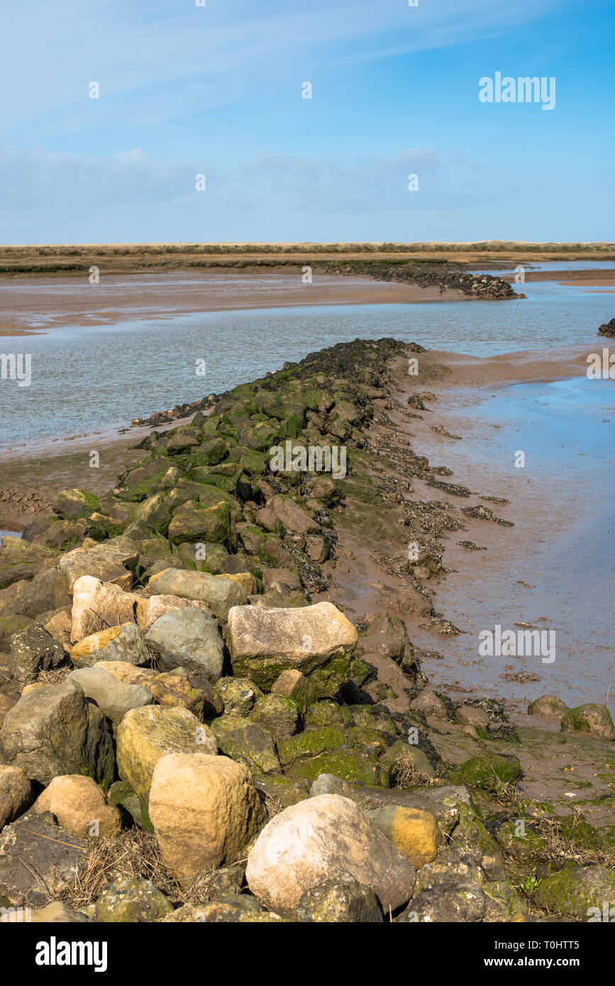 Vista del fangflat con bassa marea dal percorso nazionale del Norfolk Coast Trail vicino a Burnham Overy Staithe, East Anglia, Inghilterra, Regno Unito. Foto Stock