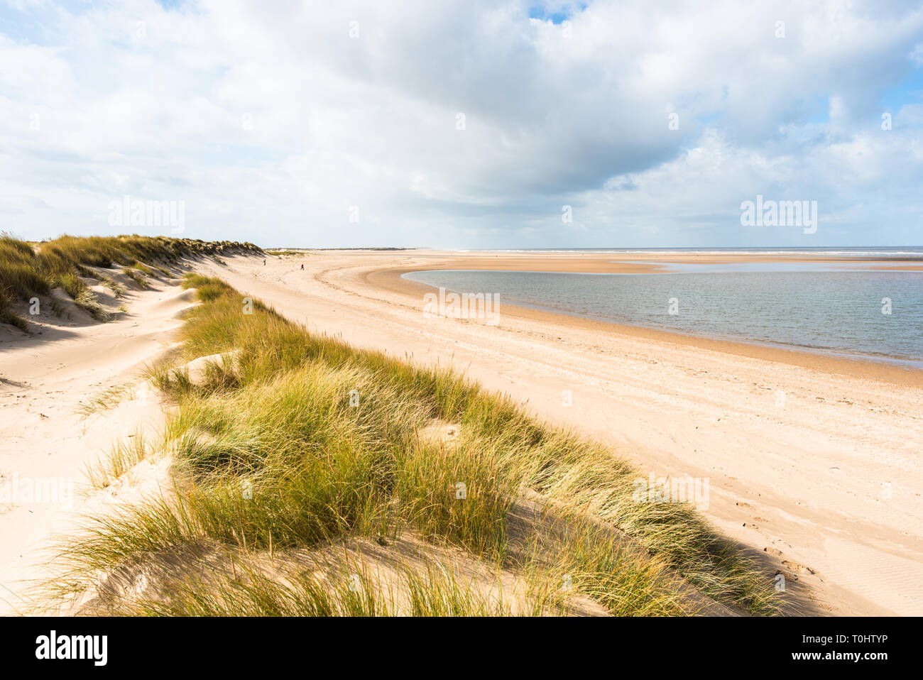 Le dune di sabbia in cui Norfolk Coast path National Trail da Barnham Overy Staithe raggiunge il mare, East Anglia, Inghilterra, Regno Unito. Foto Stock