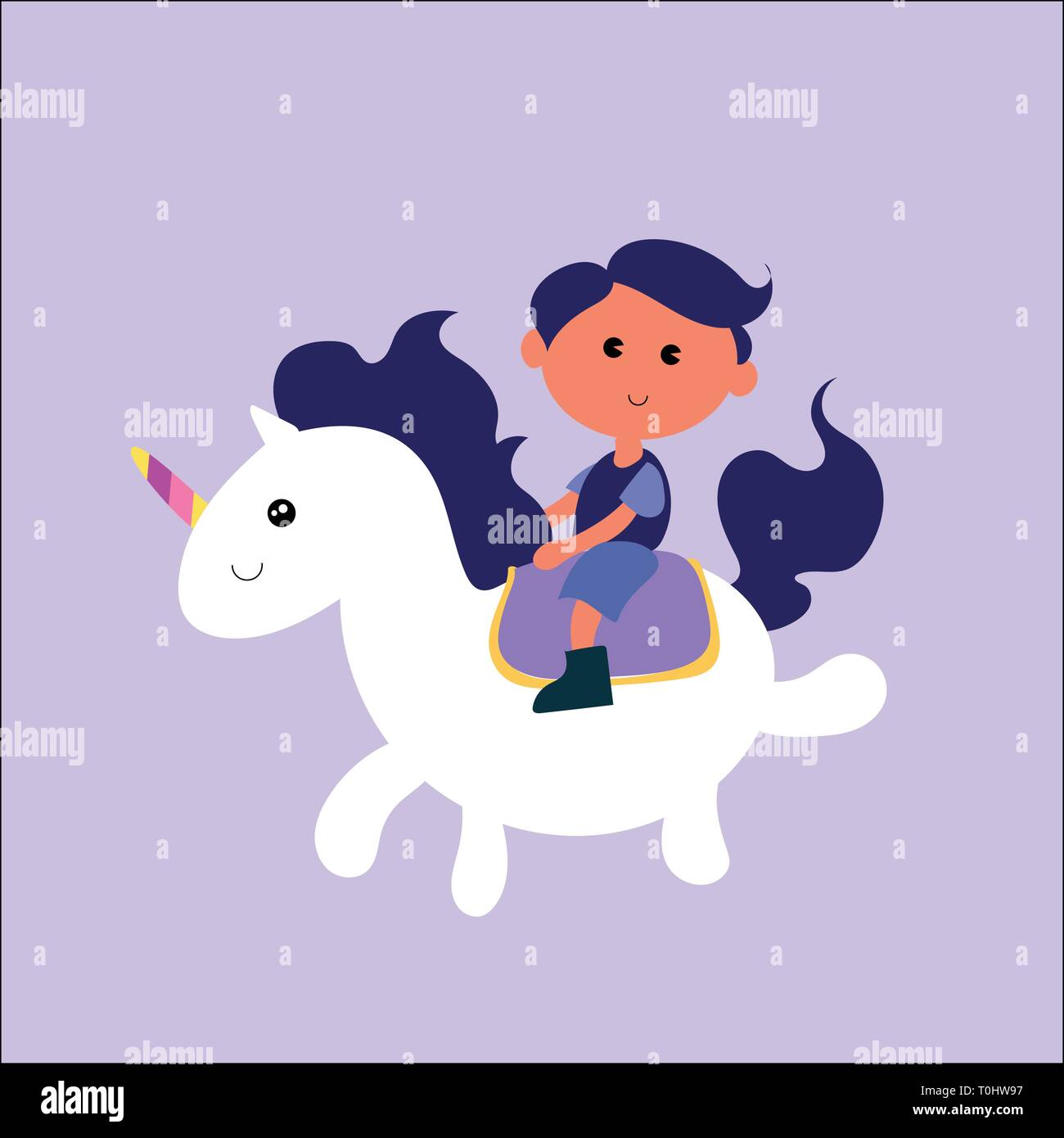 Poco sorridente boy riding unicorn appartamento carino illustrazione Illustrazione Vettoriale