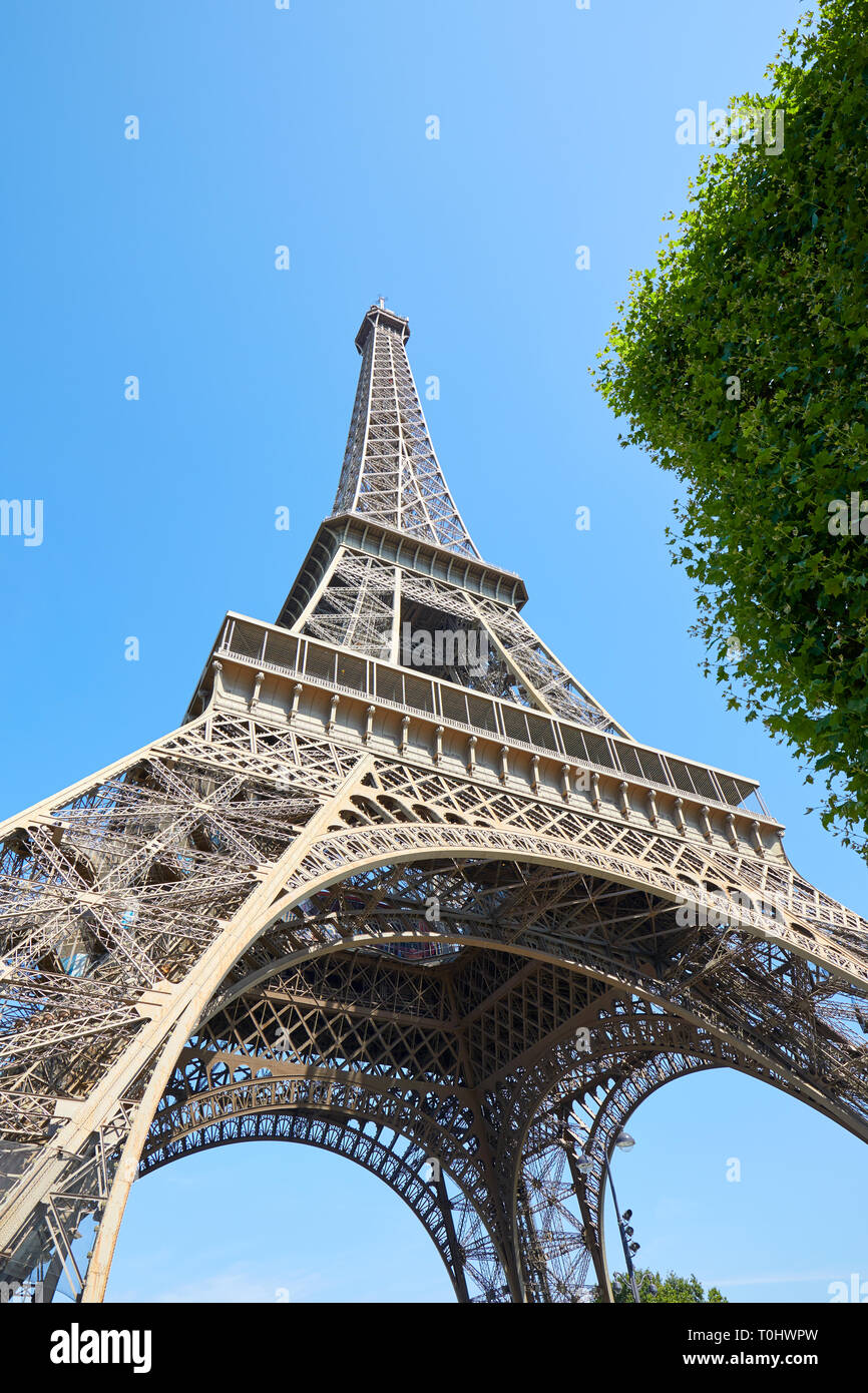 La Torre Eiffel a Parigi in una soleggiata giornata estiva, cielo azzurro e verde albero Foto Stock