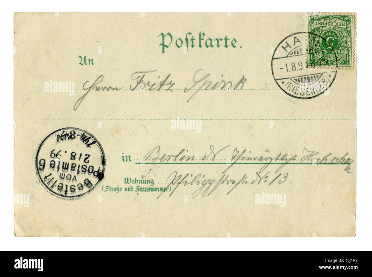 Retro dello storico tedesco cartolina: una lettera con una verde francobollo e hain riesengebirge farà fede il timbro postale la cancellazione, 1.8.1899, Reich post, Germania, Foto Stock