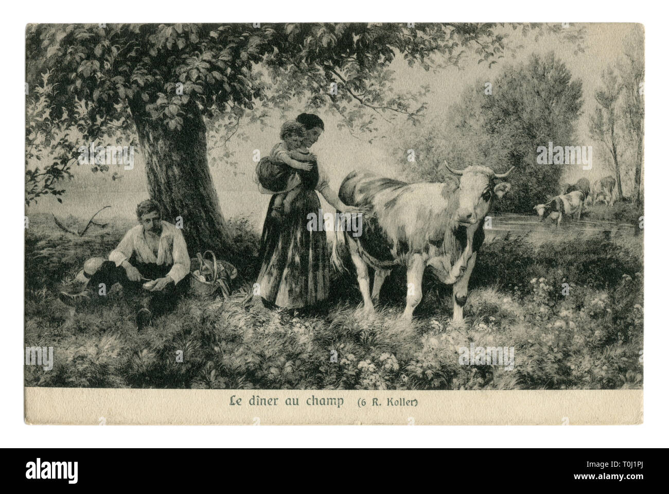 Storico francese cartolina: Cena in un campo sotto un albero di stagno. Quadro idilliaco. Una donna con un bambino ha portato un cestino di cibo a suo marito Foto Stock