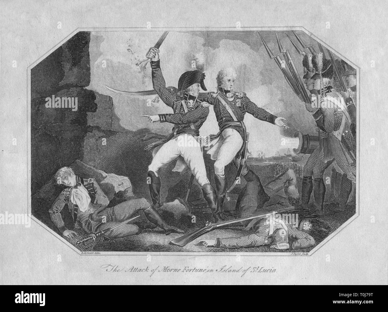 "L'attacco del Morne Fortune in Isola di Santa Lucia", 1804. Creatore: J Taylor. Foto Stock