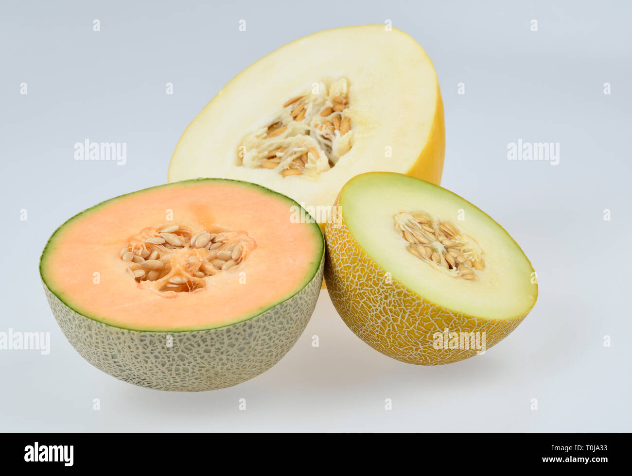 Melone Honeydew, melone, Melone Galia melone, studio di ammissione, Honigmelone, Cantaloupe-Melone, Galia-Melone, Studioaufnahme Foto Stock