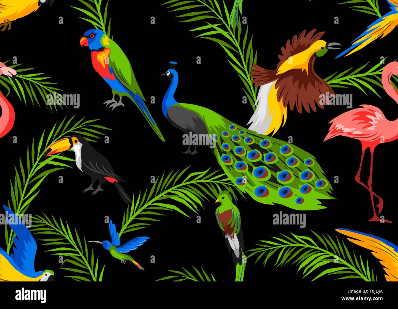Seamless pattern tropicale con uccelli esotici. Illustrazione Vettoriale