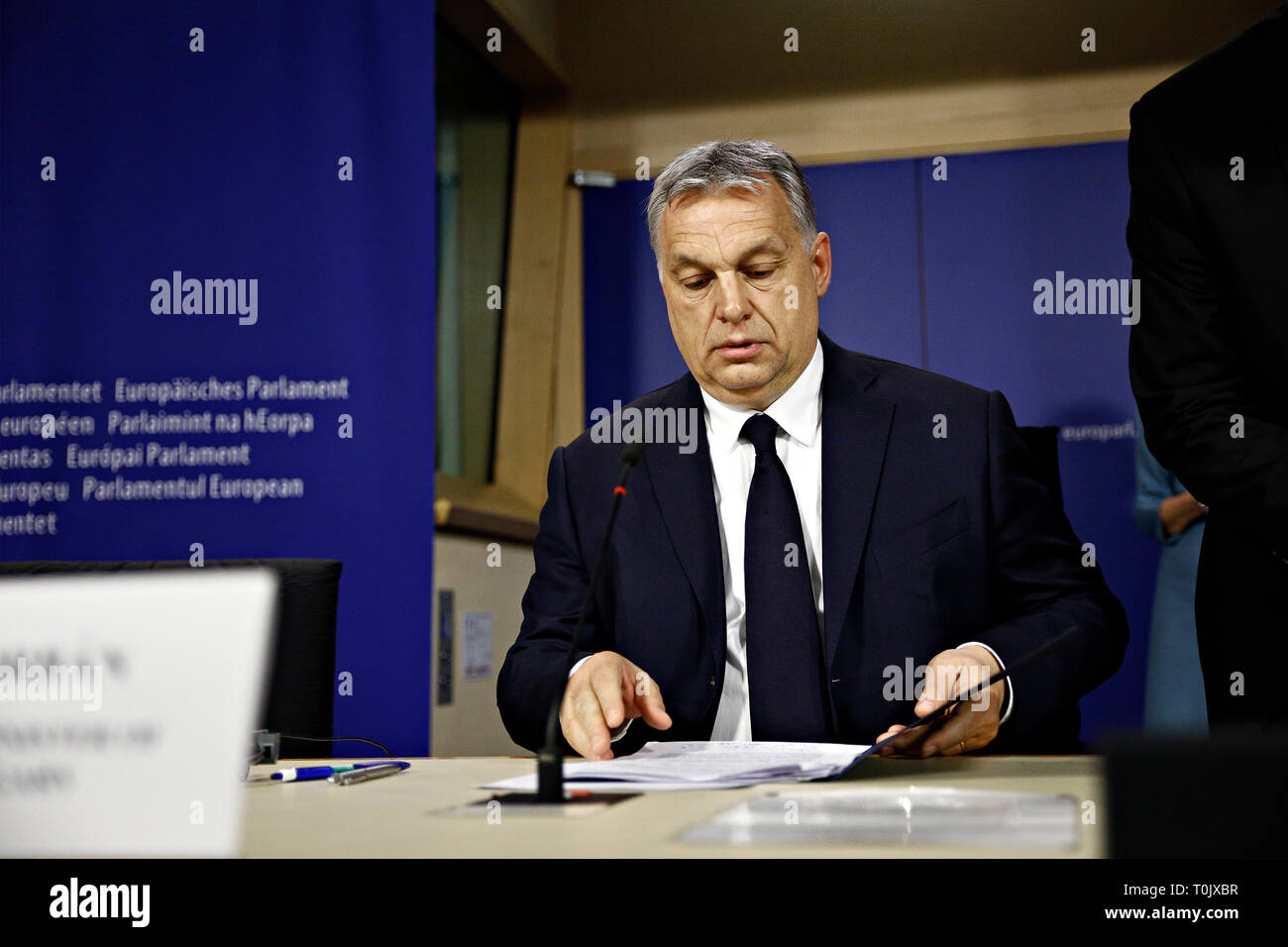 Bruxelles, Belgio. Xx Marzo 2019. Primo Ministro ungherese Viktor Orbangives una conferenza stampa al termine del gruppo del Partito popolare europeo (PPE) gruppo politico al Parlamento europeo. Credito: ALEXANDROS MICHAILIDIS/Alamy Live News Foto Stock