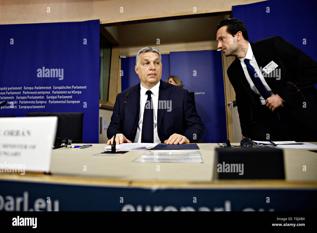 Bruxelles, Belgio. Xx Marzo 2019. Primo Ministro ungherese Viktor Orbangives una conferenza stampa al termine del gruppo del Partito popolare europeo (PPE) gruppo politico al Parlamento europeo. Credito: ALEXANDROS MICHAILIDIS/Alamy Live News Foto Stock