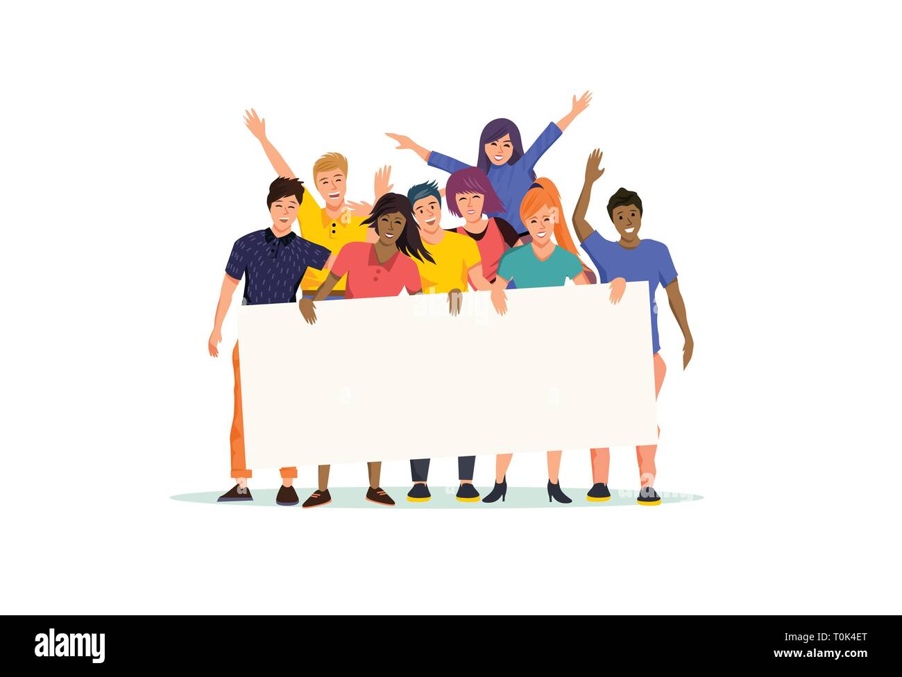 Un felice ed entusiasta gruppo di giovani in possesso di un segno bianco bordo. Illustrazione Vettoriale. Illustrazione Vettoriale