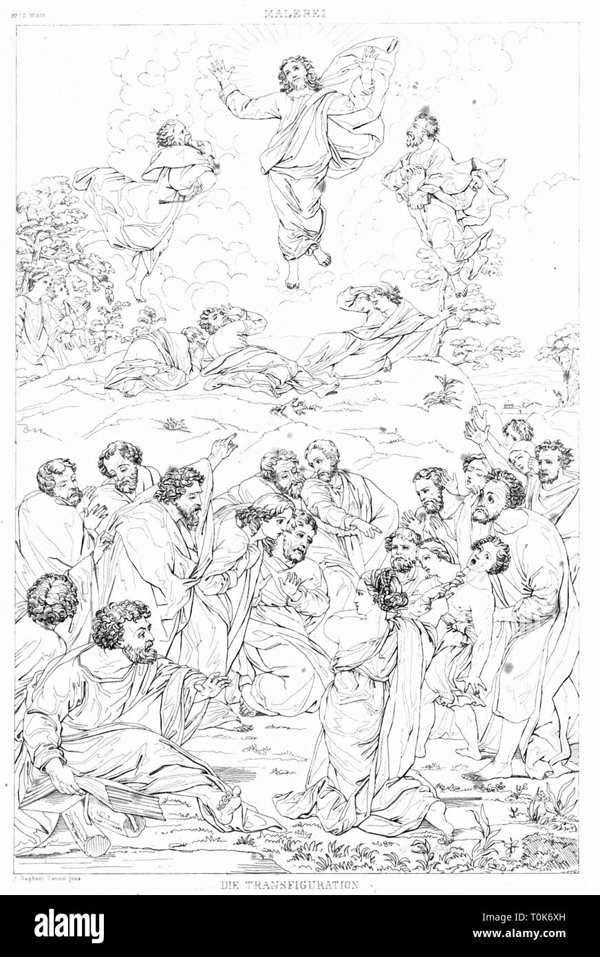 La religione, scene bibliche, "Trasfigurazione", in acciaio, incisione del XIX secolo, dopo un dipinto di Raffaello Sanzio (Raffaello), 1516 - 1520, Additional-Rights-Clearance-Info-Not-Available Foto Stock