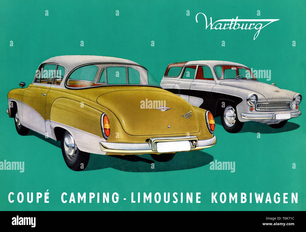 Trasporti / trasporto, automobili, veicolo varianti, Wartburg, coupé e camping limousine, realizzato dalla VEB Automobilwerk Eisenach, tre cilindri di motore a due tempi, 900 centimetri cubi di volume spazzato, 40 cavalli di potenza, velocità massima 115 km/h, camping combinazione, nuova versione, modello di auto, grand spazio posteriore con ulteriori portellone, spaziose, big volume per il bagaglio e attrezzature per il campeggio, le quattro sedi sono rapidamente trasformato in un comodo letto doppio turno, più ideale touring car, dati tecnici: cinque porte, bichrome verniciato, verde e bianco, motore, thr Additional-Rights-Clearance-Info-Not-Available Foto Stock