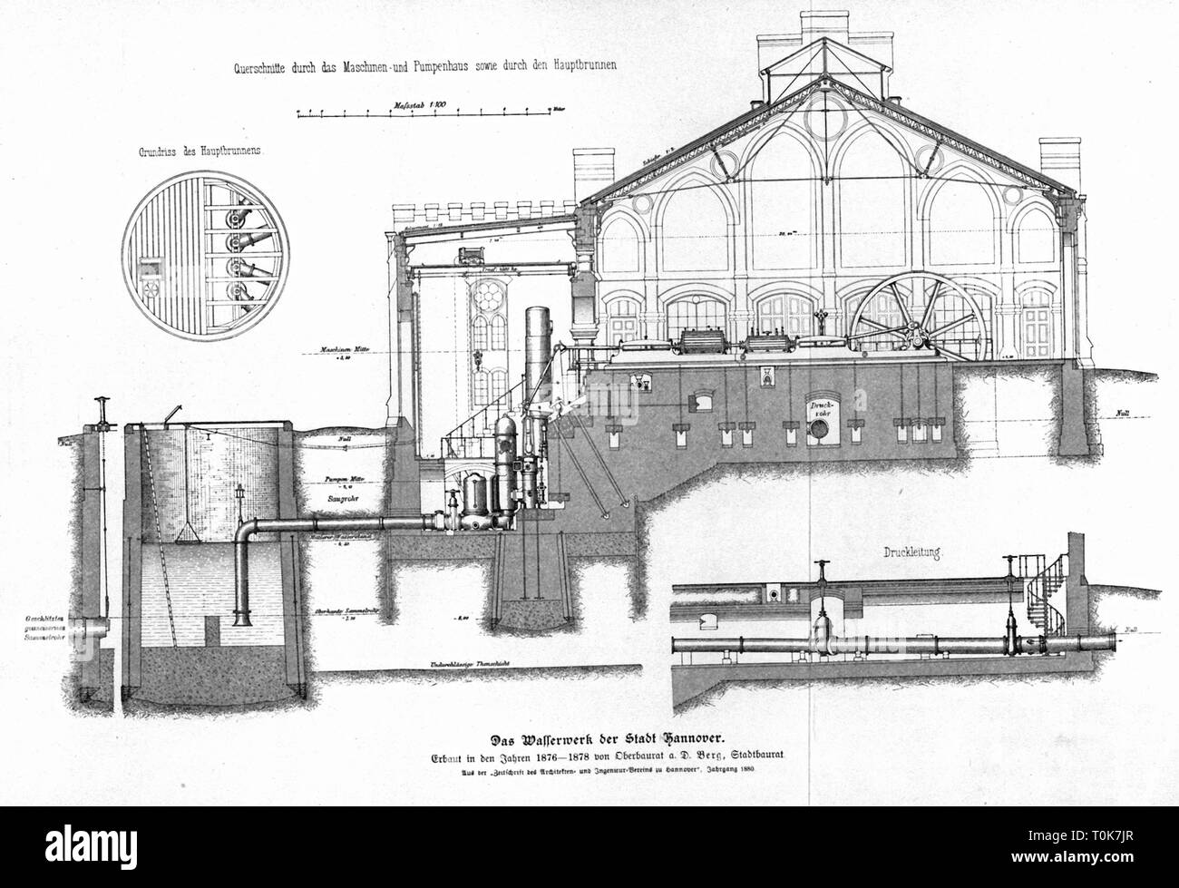 Cibo, acqua, opere idriche della città di Hannover, costruito da capo responsabile della costruzione ret. Berg, 1876 - 1878, sezione trasversale, incisione su legno, da: Rivista della Hannover Architetti e ingegneri Association, 1880, secolo XIX, architettura, costruzione, edifici, tecnologia, ingegneria, tecnologie technics, i piani, fornitura, forniture pubbliche, approvvigionamento di acqua, la fornitura di acqua potabile, acqua potabile, acqua potabile, camera del motore pompa, casa, case di pompa principale, bene, bene, pozzi, storico, storico Additional-Rights-Clearance-Info-Not-Available Foto Stock