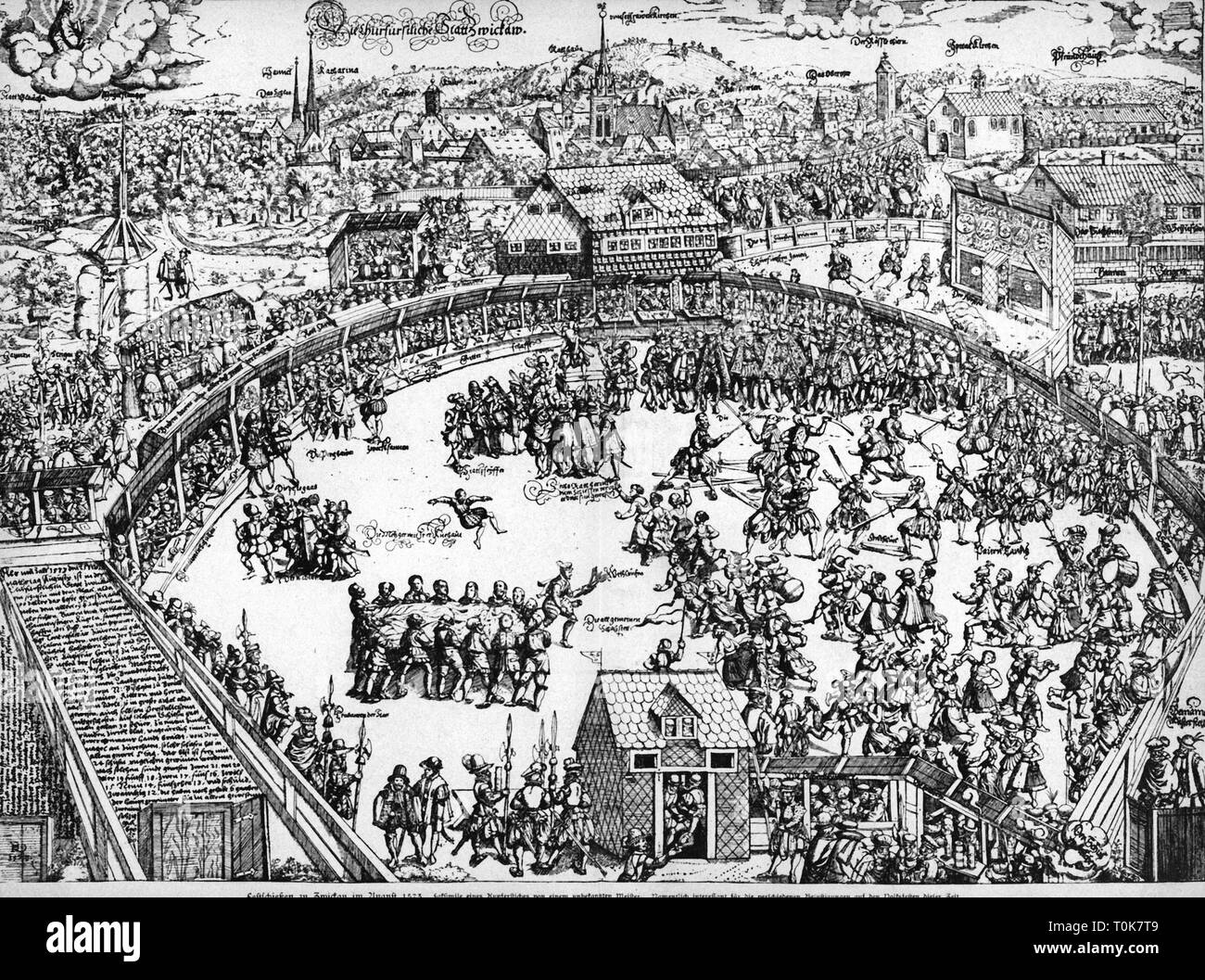 Festeggiamenti, cavalieri giochi, display di gala di precisione di tiro, Zwickau, agosto 1573, Additional-Rights-Clearance-Info-Not-Available Foto Stock