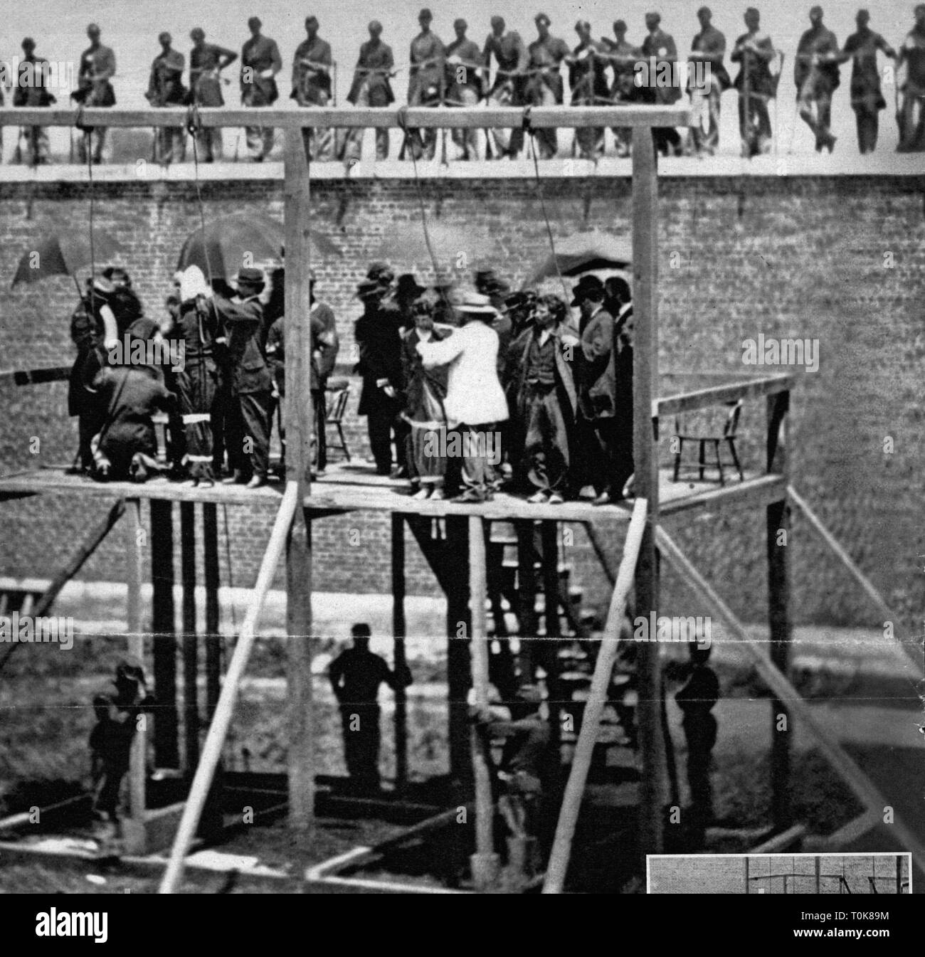 Giustizia, sistema penitenziario, appeso, esecuzione dei cospiratori dell assassinio di Abraham Lincoln, Fort Lesley McNair, Washington D.C., 7.7.1865, Additional-Rights-Clearance-Info-Not-Available Foto Stock