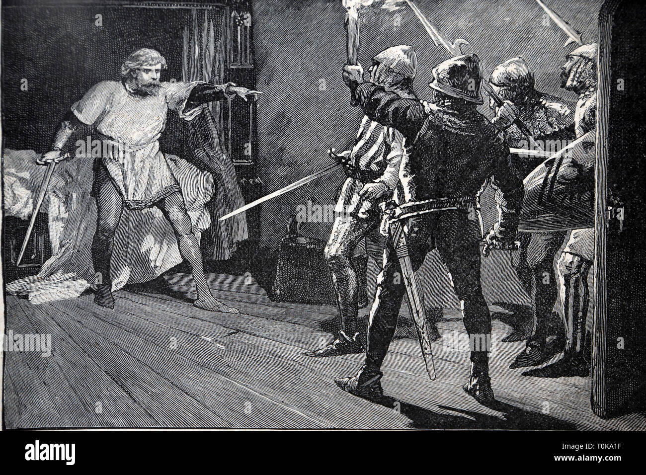 Illustrazione del re Richard io essendo assalita dai soldati austriaci vicino a Vienna nel 1192 A.D dal libro Cassell della storia dell'Inghilterra Foto Stock