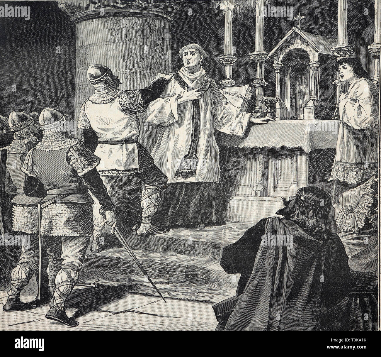Illustrazione dell'arresto dell'arcivescovo Geoffrey durante la messa nel monastero di Dover nel 1191 d.C. - Arcivescovo Geoffrey, figlio del re Enrico II e fratellastro Foto Stock