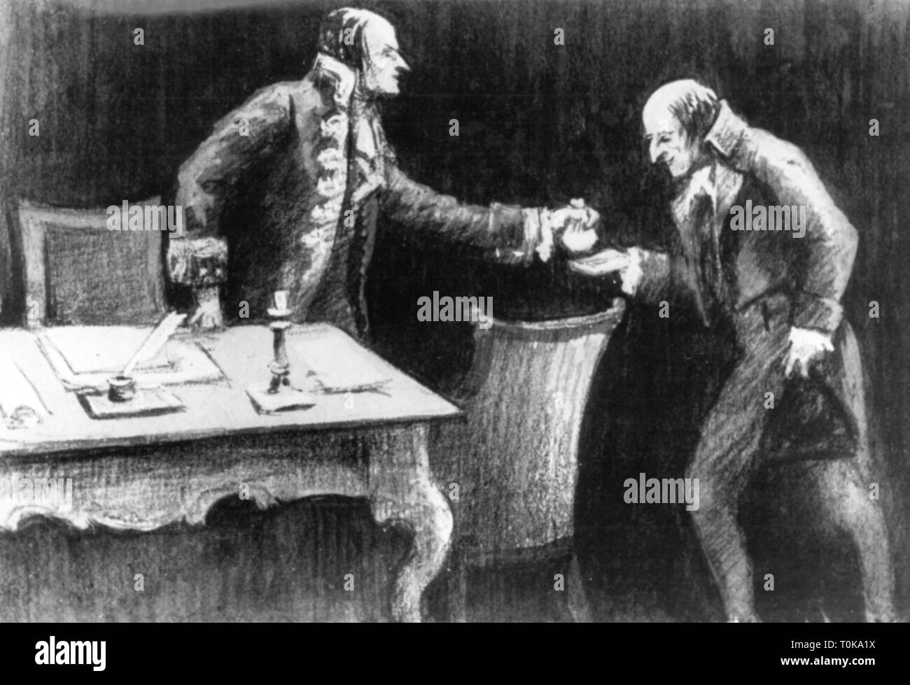 Lo spionaggio, il pagamento di una spy dalla polizia segreta di Fouche, disegno basato sull'illustrazione contemporanea, 1800, artista del diritto d'autore non deve essere cancellata Foto Stock