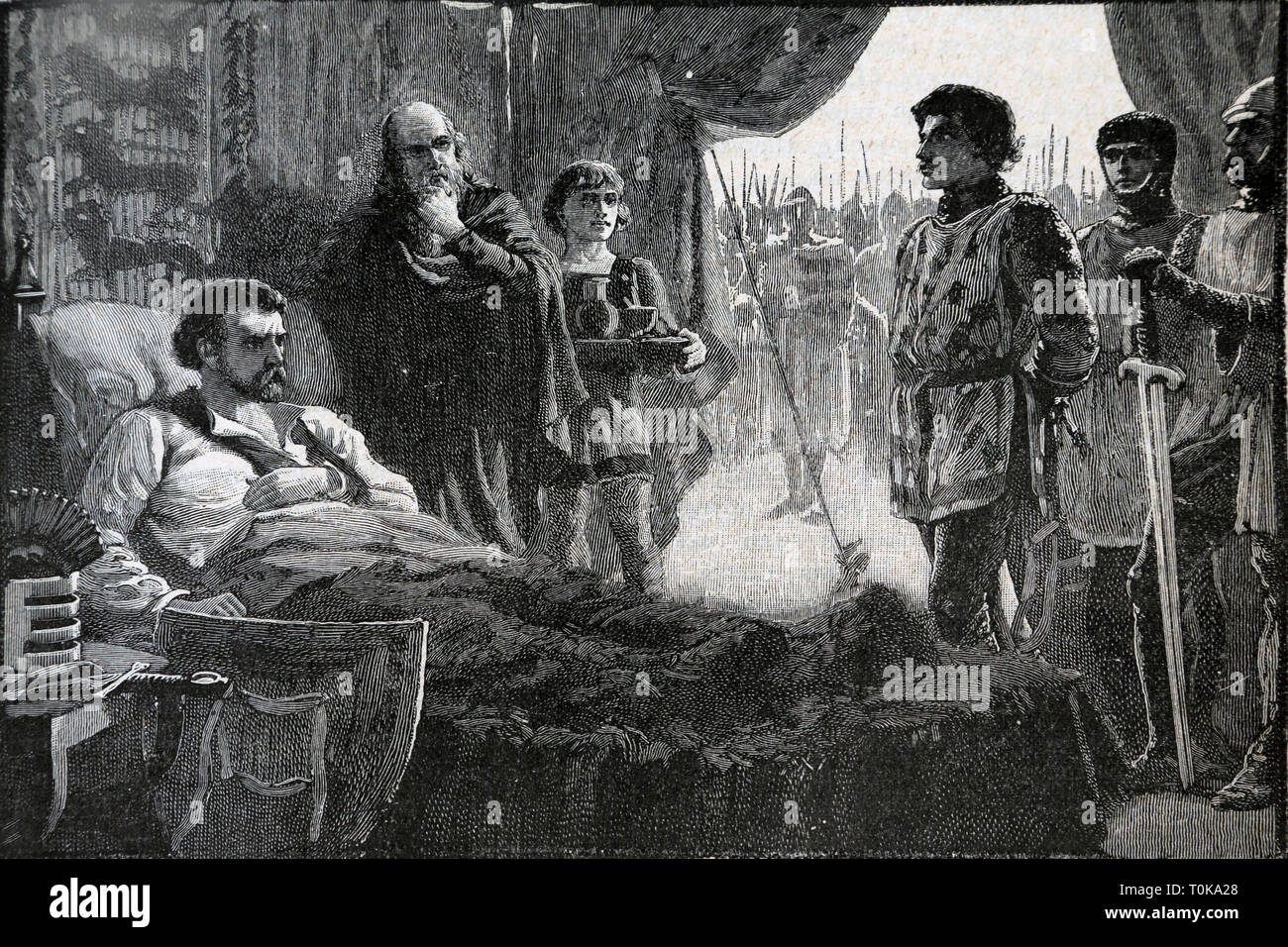 Illustrazione di Bertrand de Gordon dopo mortalmente ferendo il re con una freccia alla spalla fu portato alla presenza del re Richard ho dove Foto Stock