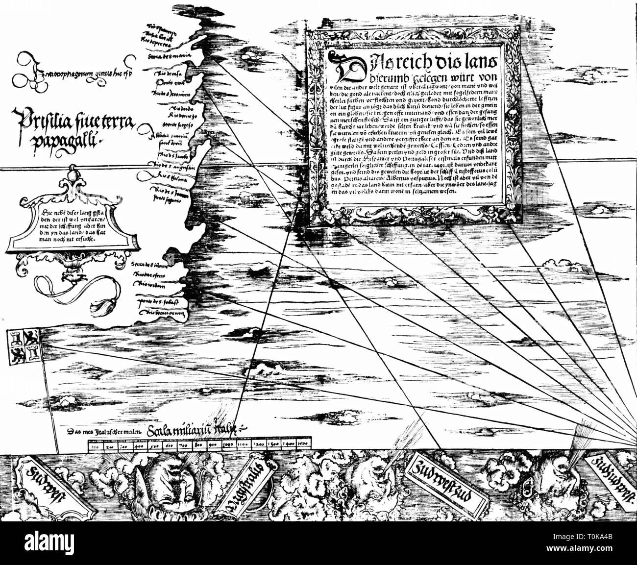 Cartografia, mappe, Brasile, "Carta Marina Navigatoria Portugallensis', dettaglio, xilografia, Germania, 1525, Additional-Rights-Clearance-Info-Not-Available Foto Stock