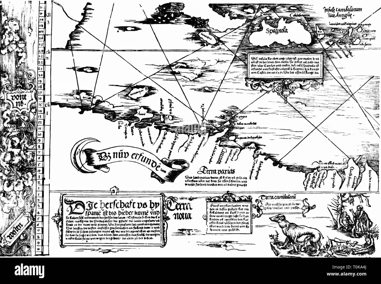 Cartografia, mappa, Caraibi e costa nord del Venezuela, "Carta Marina Navigatoria Portugallensis', dettaglio, xilografia, Germania, 1525, Additional-Rights-Clearance-Info-Not-Available Foto Stock
