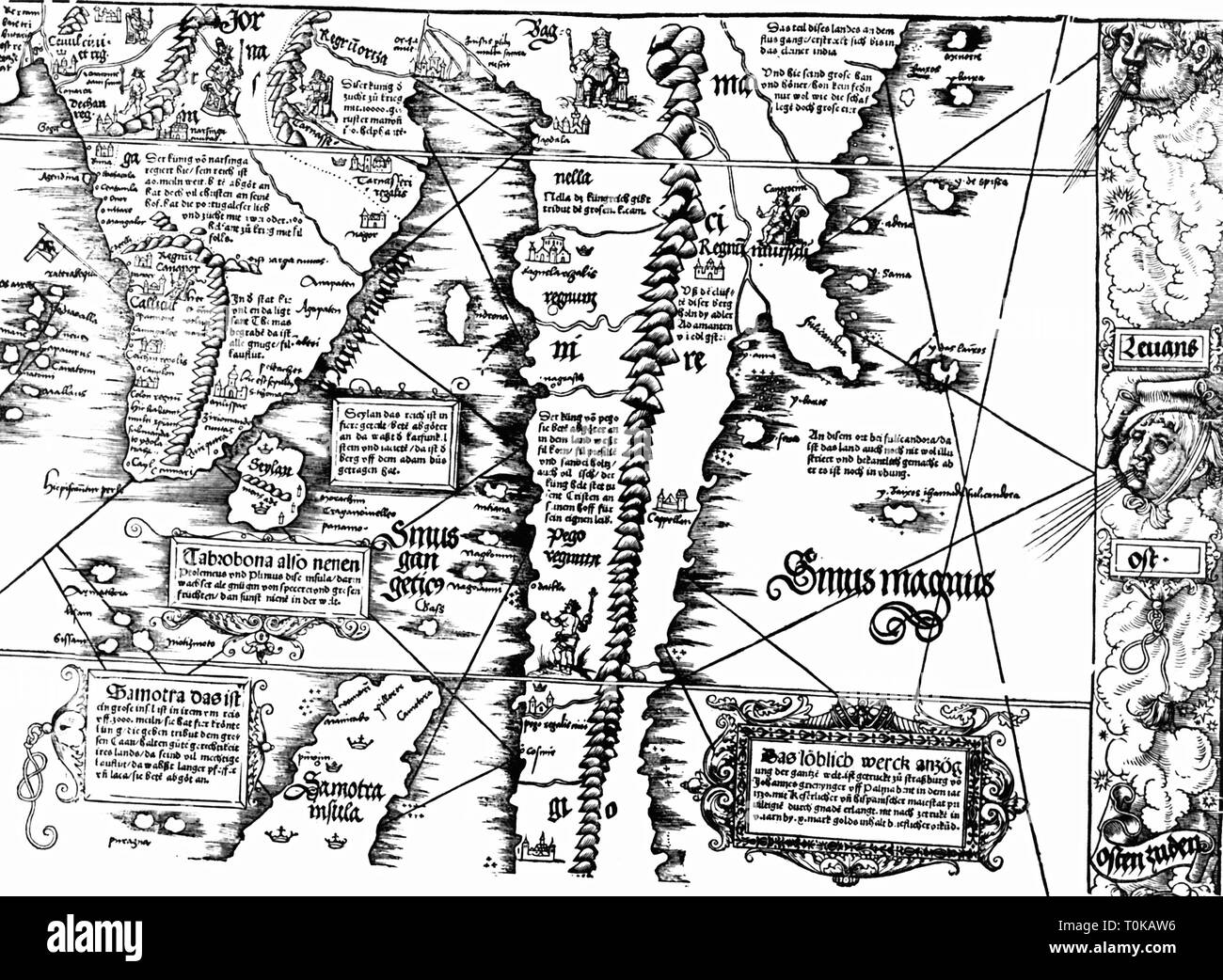 Cartografia, mappe, India del Sud e del sud-est asiatico, "Carta Marina Navigatoria Portugallensis', dettaglio, xilografia, Germania, 1525, Additional-Rights-Clearance-Info-Not-Available Foto Stock