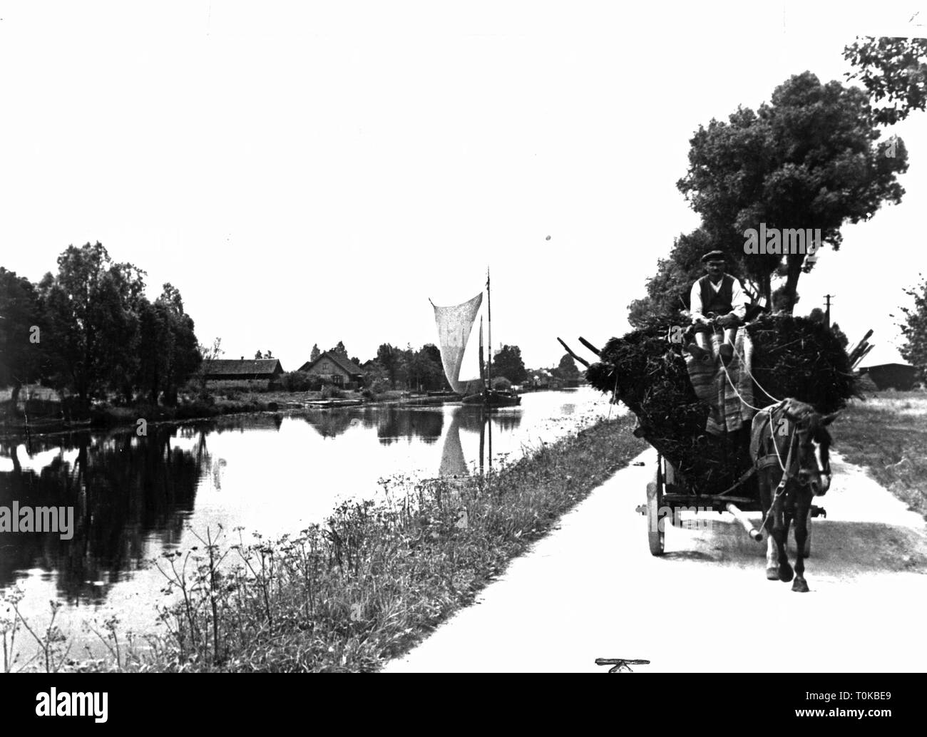 L'agricoltura, la vita di paese, agricoltore sul carrello accanto al canale con la nave, Grosses Moosbruch, prima del 1945, Additional-Rights-Clearance-Info-Not-Available Foto Stock