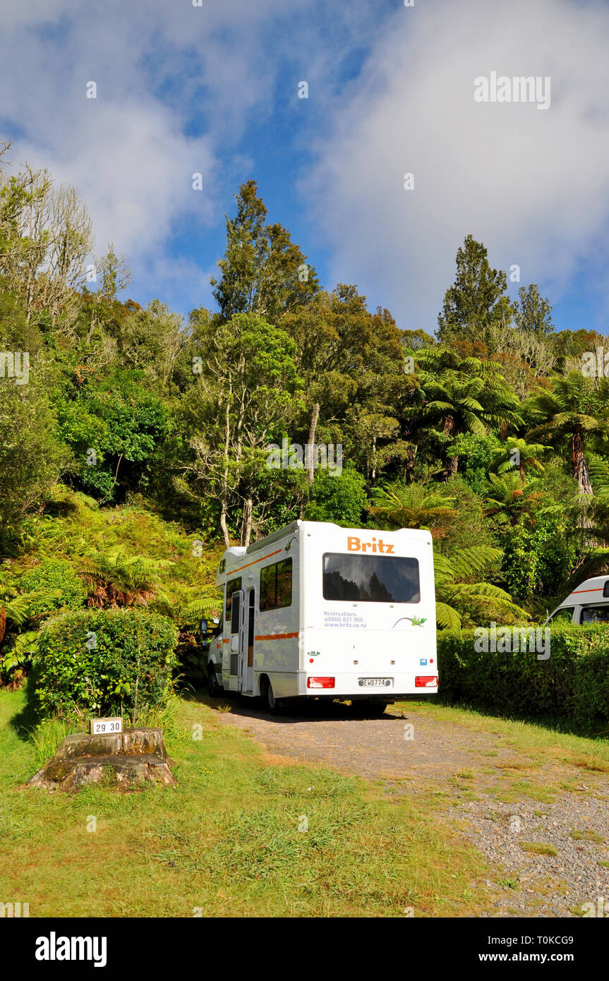 Un Britz camper in un campeggio con alberi. Lago Blu Top 10 holiday park a Rotorua, Nuova Zelanda. Campagna camp site con nativo di alti alberi di bush Foto Stock