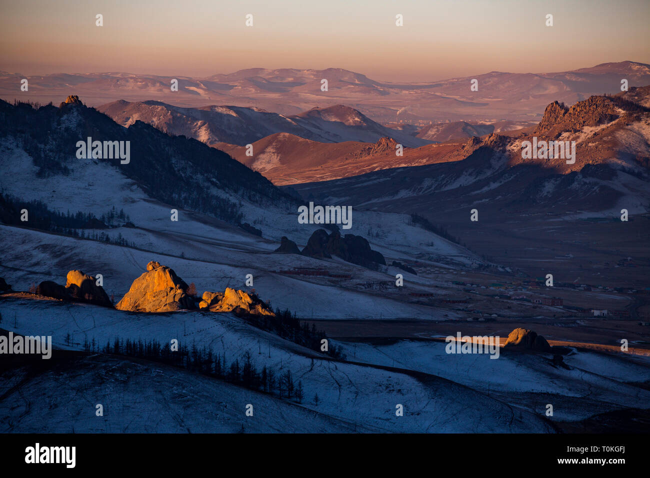 Sunrise in Svizzera mongola, Gorkhi-Terelj Parco Nazionale, Mongolia Foto Stock