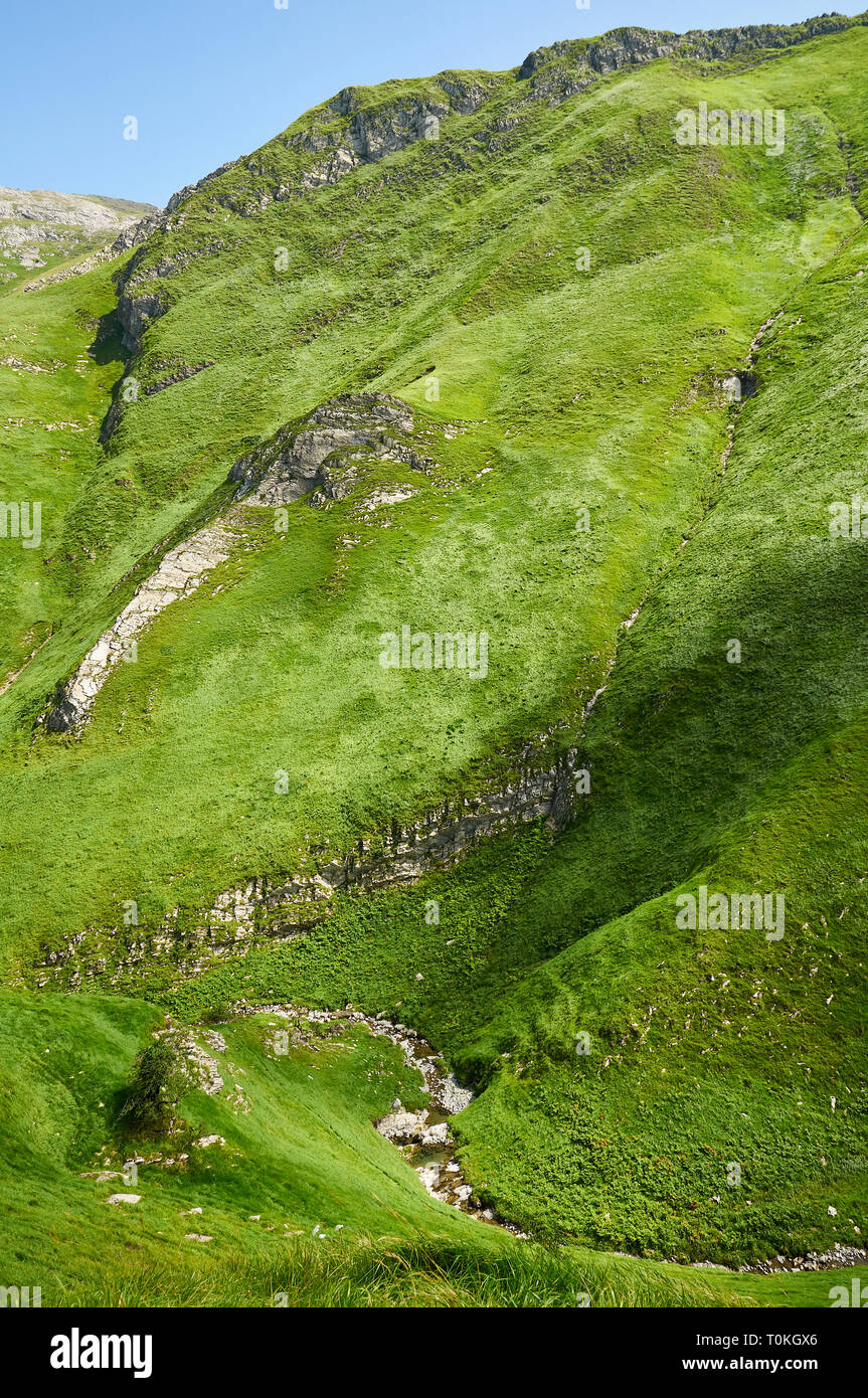 Verdi colline e Harpéko Erréka creek vicino Arpea grotta, spettacolare piega anticlinale piega circondato da verdi pascoli nei Pirenei francesi (Estérençuby,Francia) Foto Stock