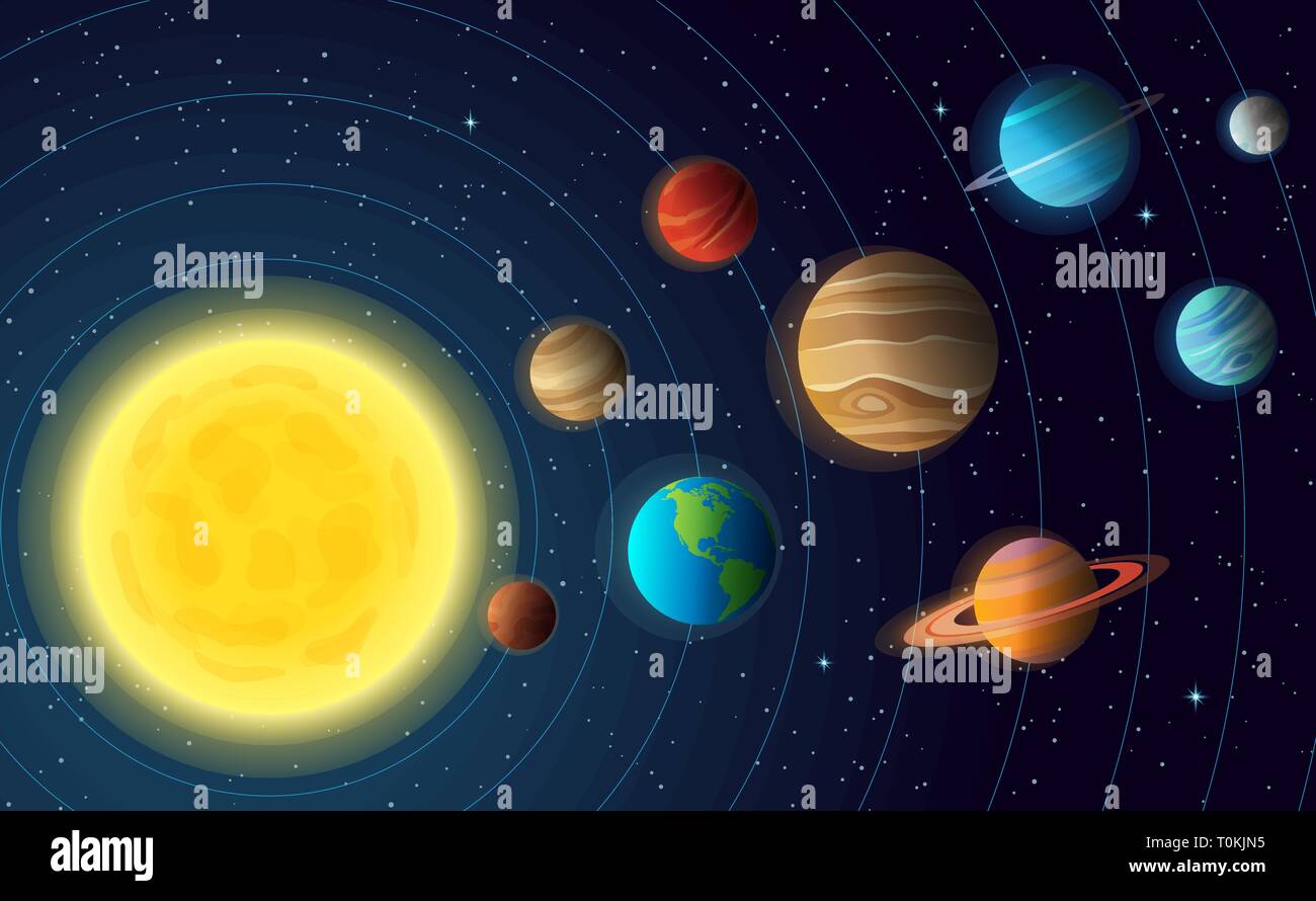 Sistema solare modello con colorati pianeti in orbita e stelle su sky Illustrazione Vettoriale