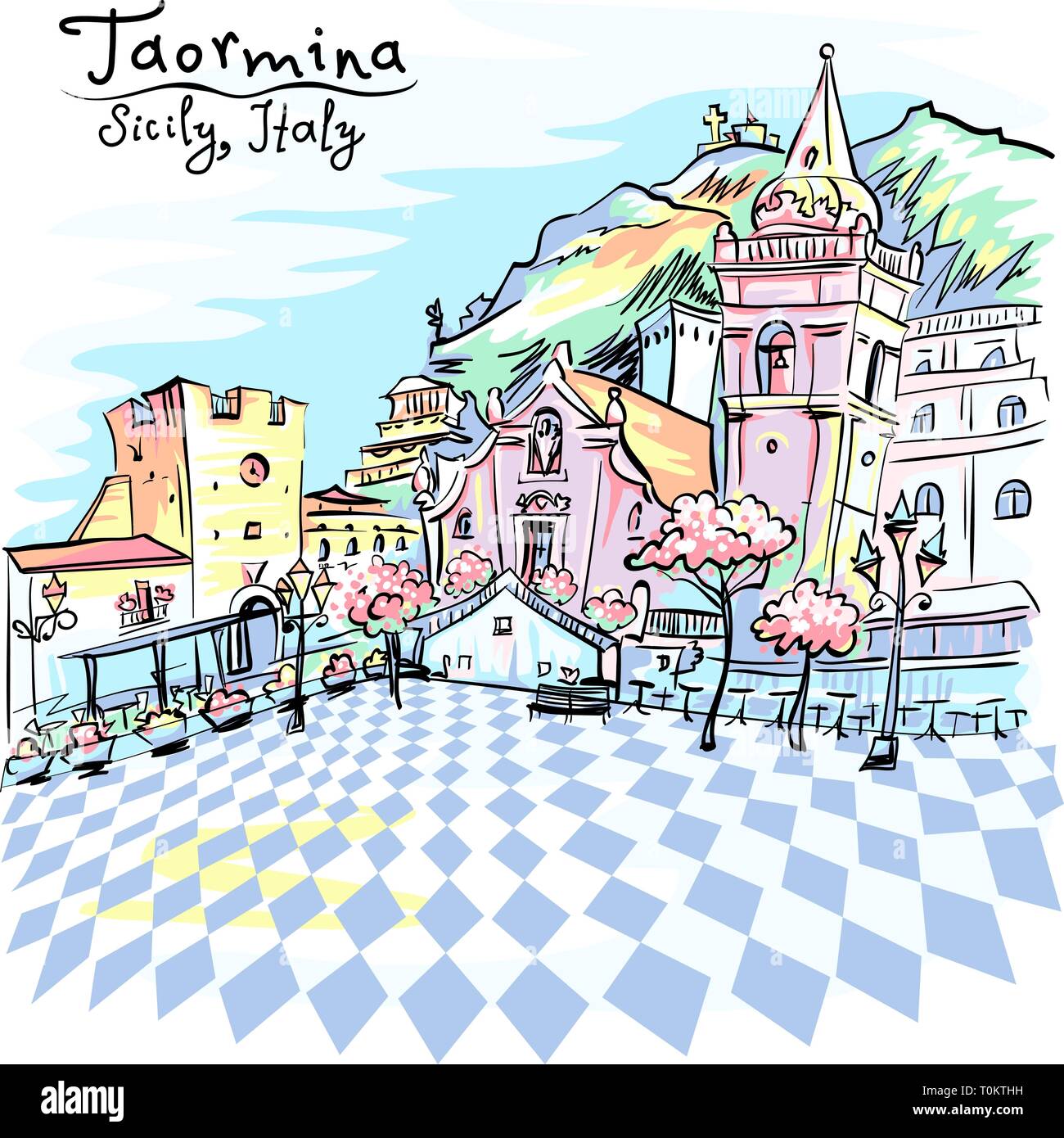 Piazza IX Aprile a Taormina, Sicilia, Italia Illustrazione Vettoriale