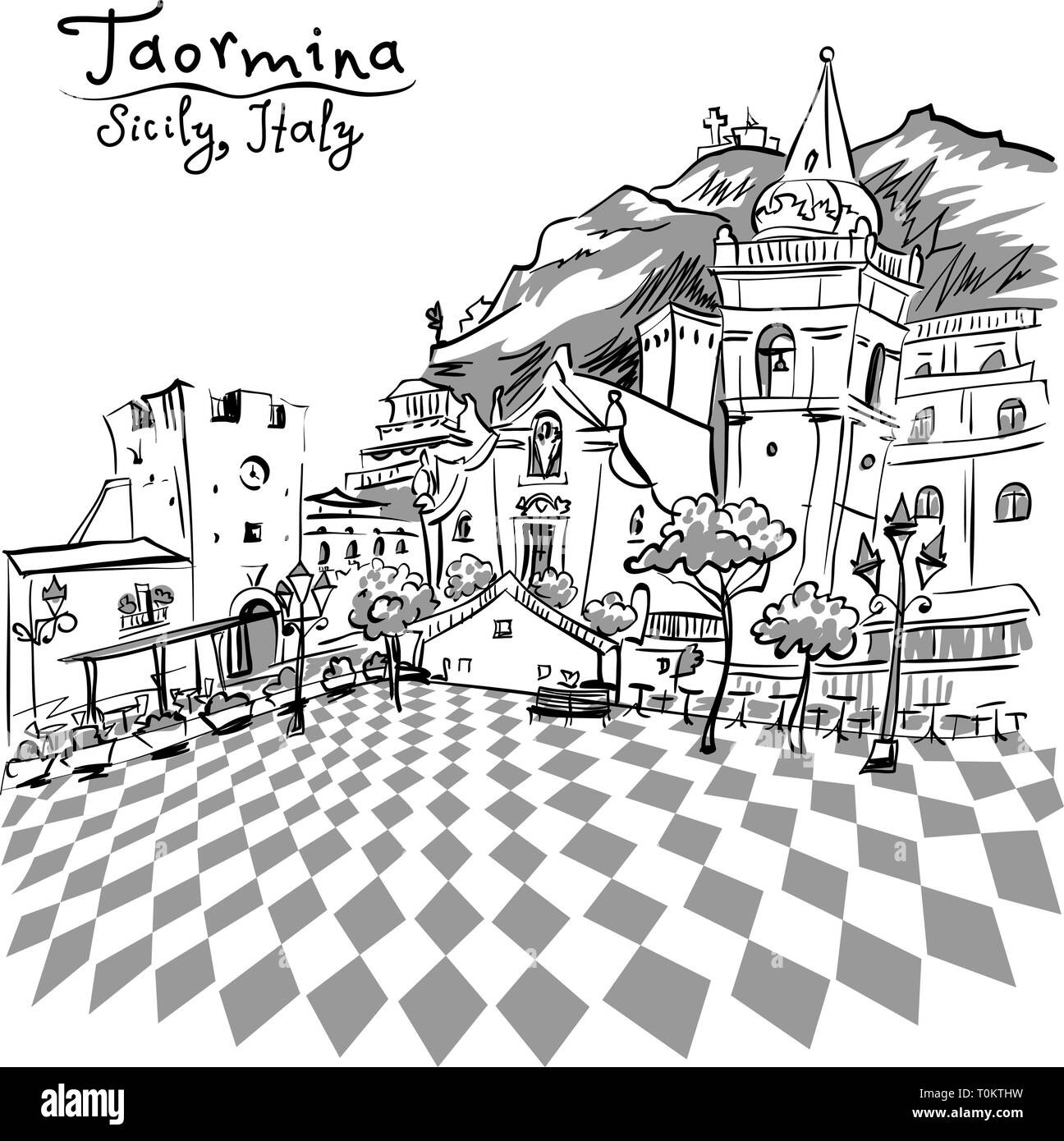 Piazza IX Aprile a Taormina, Sicilia, Italia Illustrazione Vettoriale