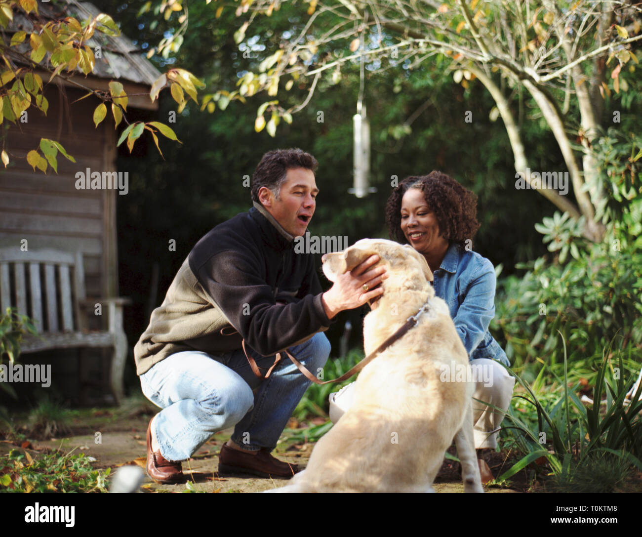 Felice mid-adulto giovane pacche il loro cane nel cortile di casa propria. Foto Stock
