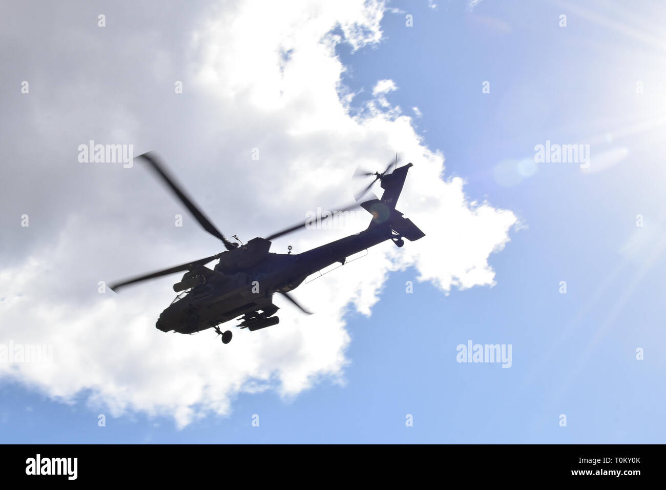 Stati Uniti Soldati assegnata alla XII Combattere la Brigata Aerea condotta dal vivo un fuoco esercizio con un AH-64 elicottero Apache, alla settima Esercito di formazione del comando di Grafenwoehr Area Formazione, Germania, 19 marzo 2019. (U.S. Esercito foto di Spc. Emily Houdershieldt) Foto Stock