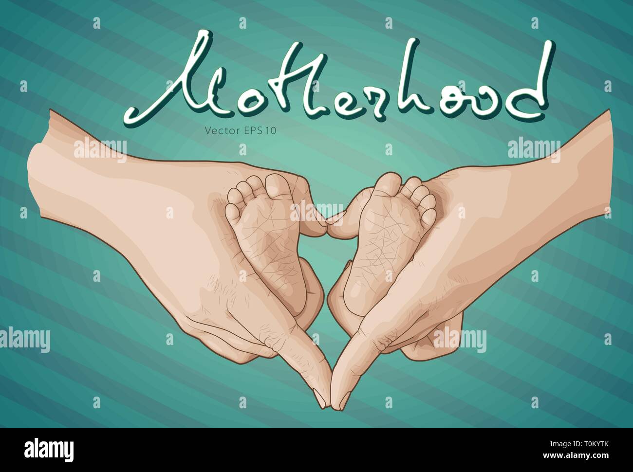 Line art schizzo dei piedi del bambino nelle mani di Madre Illustrazione Vettoriale