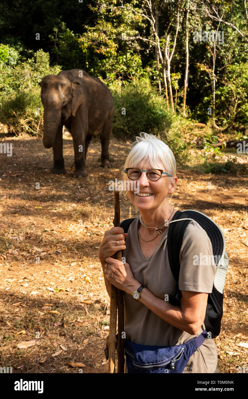 Cambogia, zone di Mondulkiri Provincia, Sen Monorom, elefante progetto Valle, sorridente visitatore femmina vicino a ex elefante di lavoro nel bosco Foto Stock